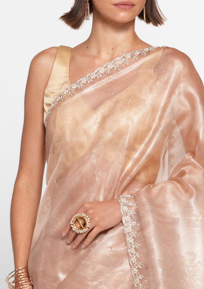 Twamev Women Peach Elegance Organza Saree
