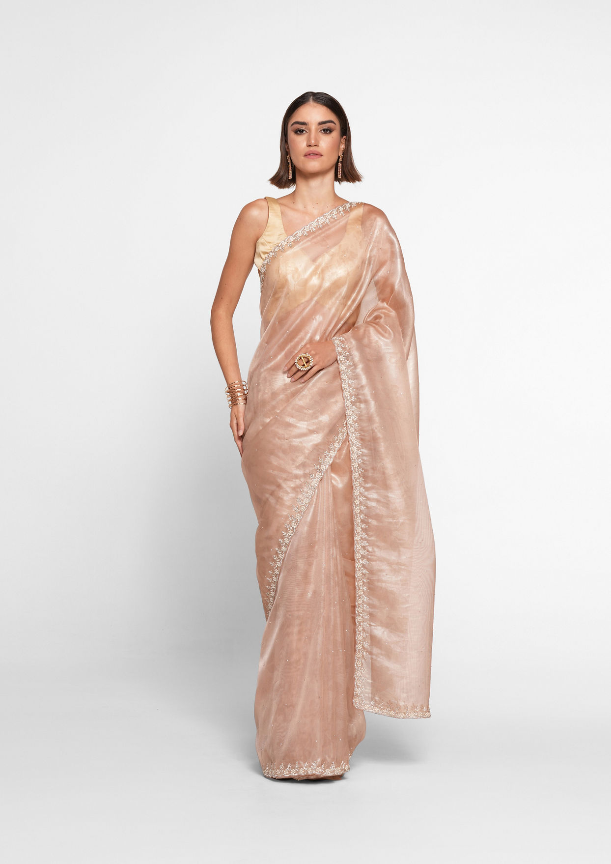 alt message - Twamev Women Peach Elegance Organza Saree image number 0