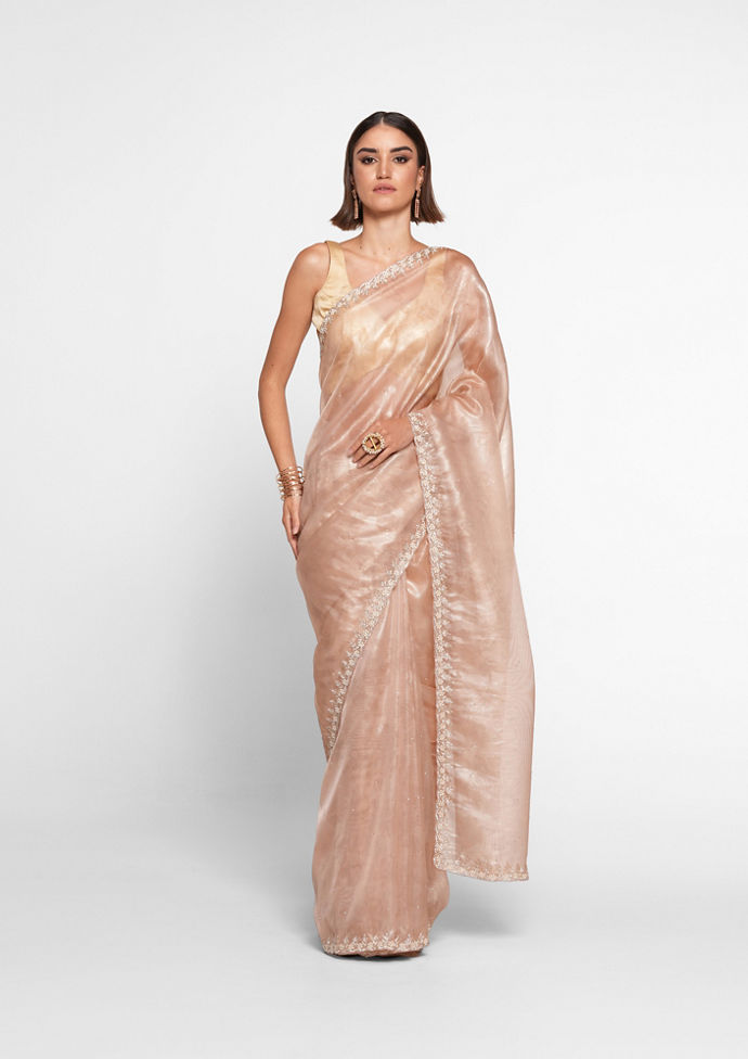 Twamev Women Peach Elegance Organza Saree
