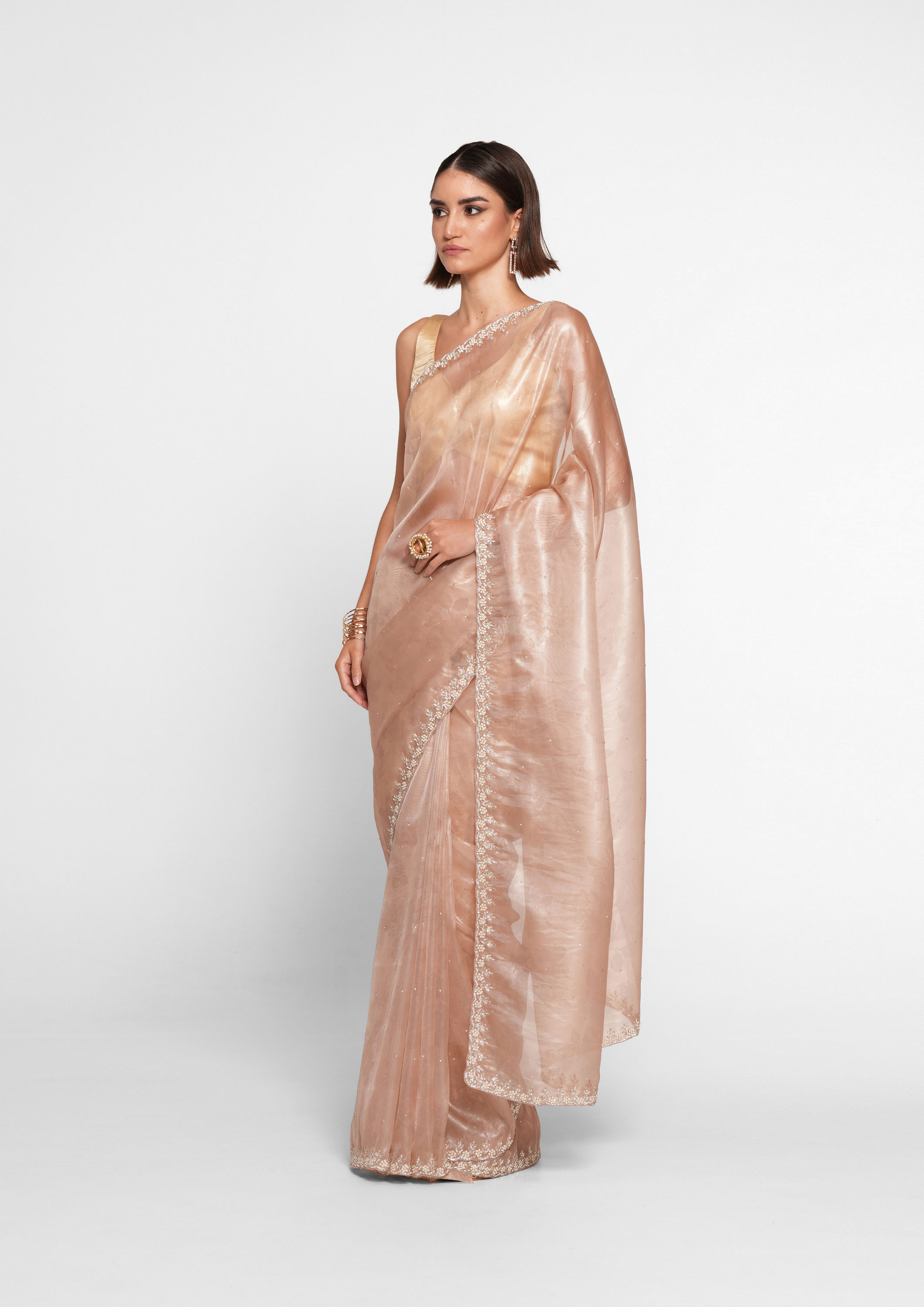 Twamev Women Peach Elegance Organza Saree