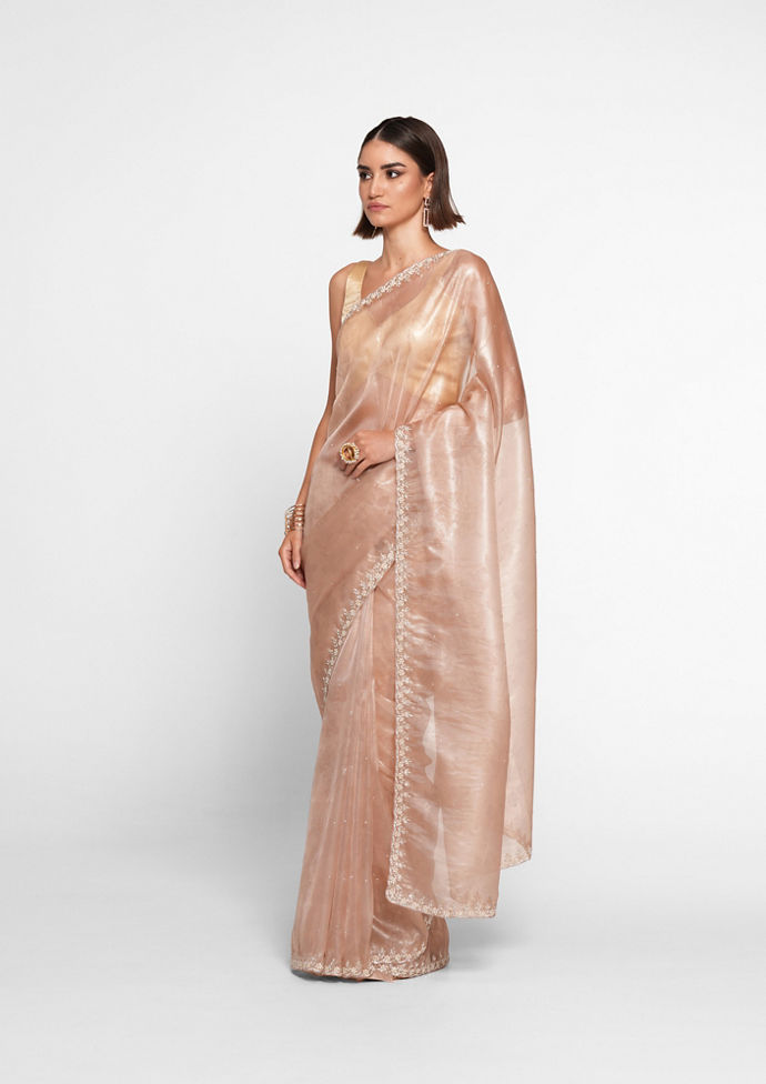Twamev Women Peach Elegance Organza Saree