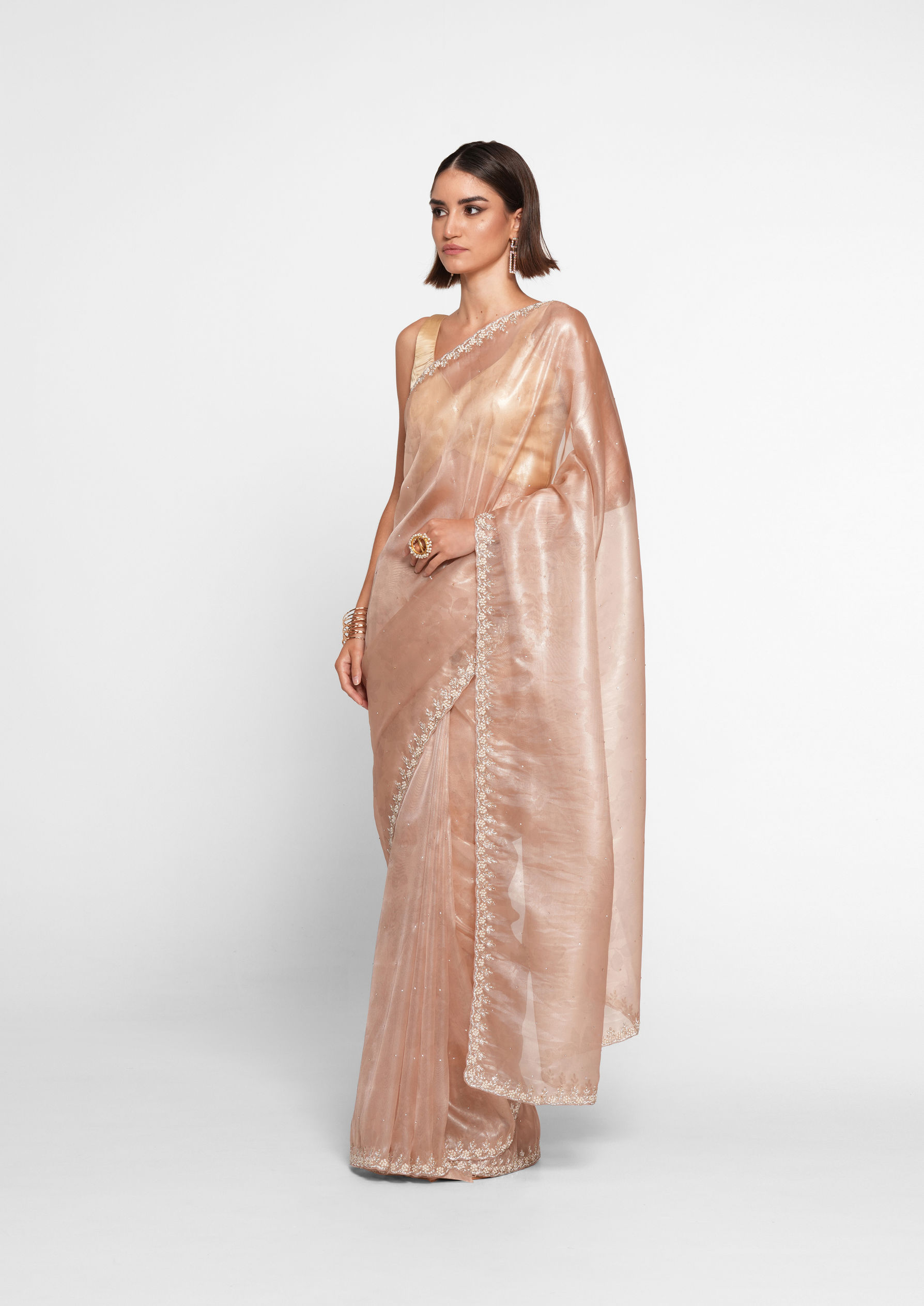 Twamev Women Peach Elegance Organza Saree