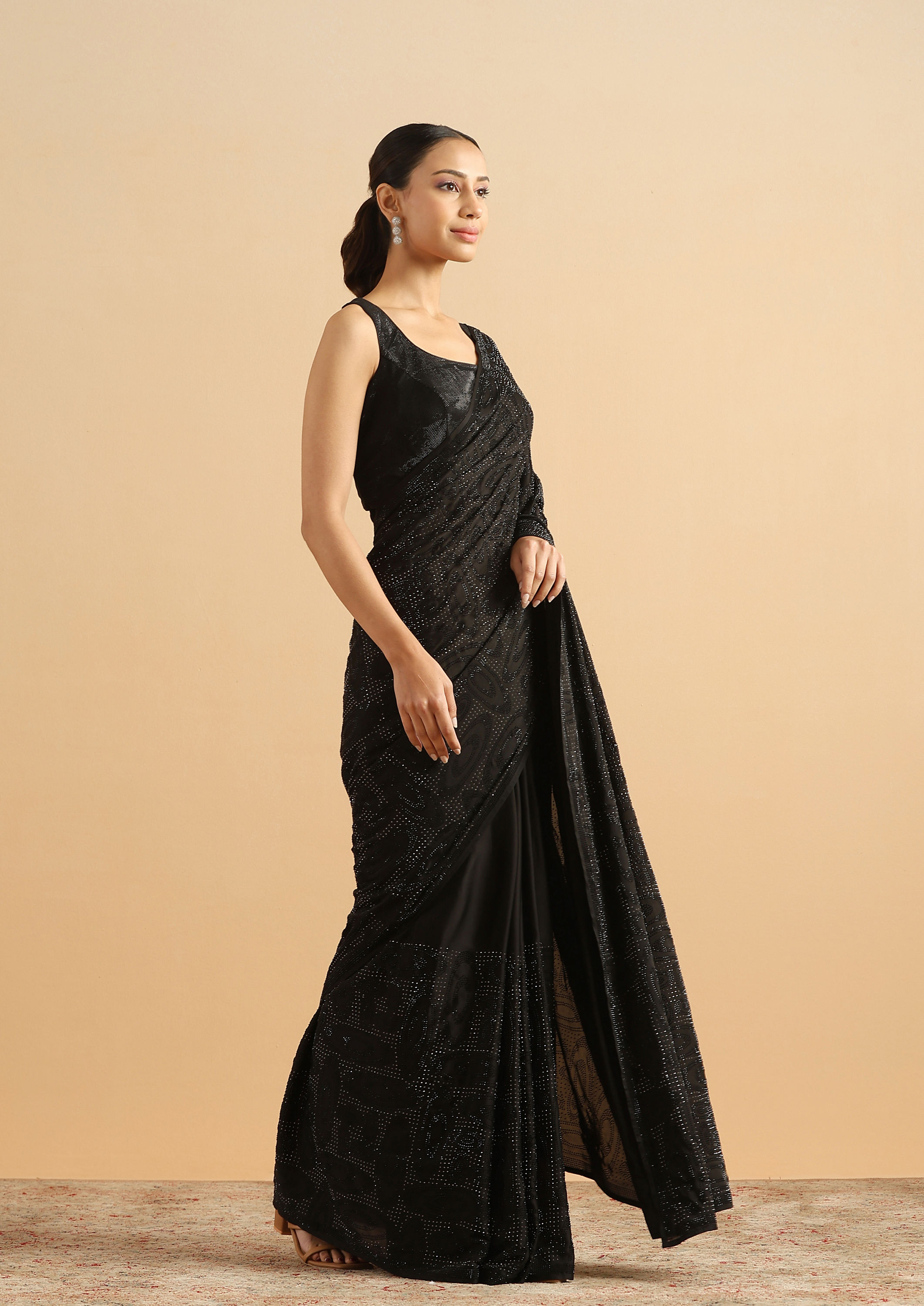 Twamev Women Midnight Glamour Black Satin Saree image number 3