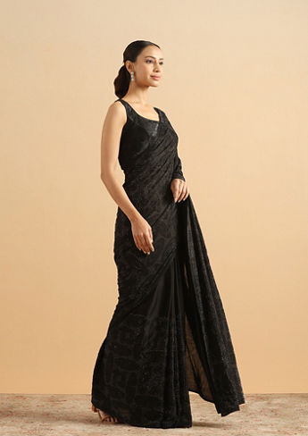 alt message - Twamev Women Midnight Glamour Black Satin Saree image number 3