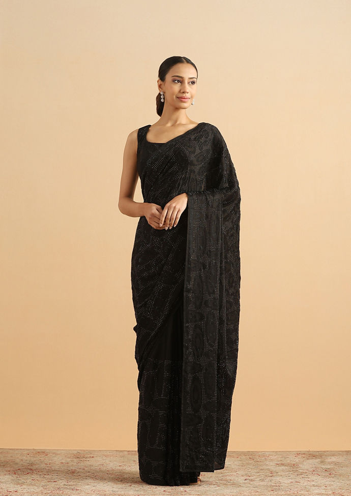 Twamev Women Midnight Glamour Black Satin Saree