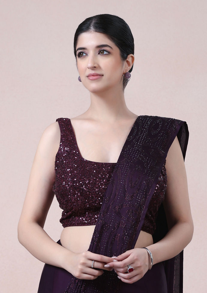 Twamev Women Dazzling Dark Purple Satin Saree