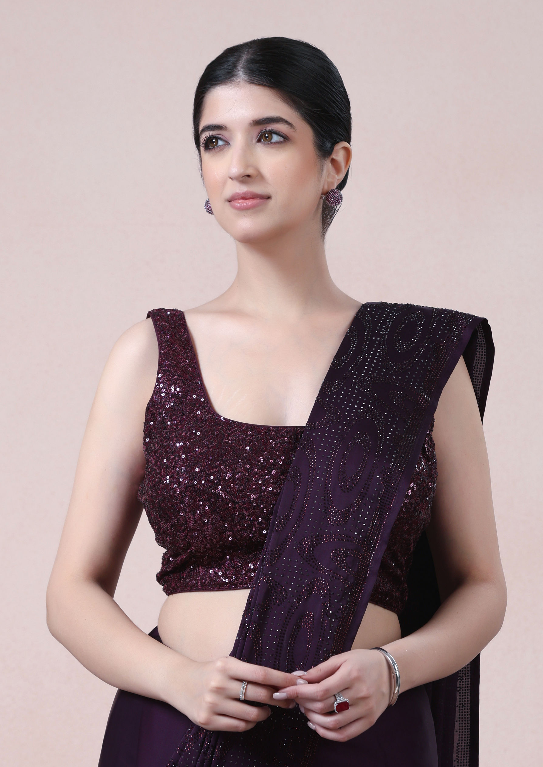 Twamev Women Dazzling Dark Purple Satin Saree