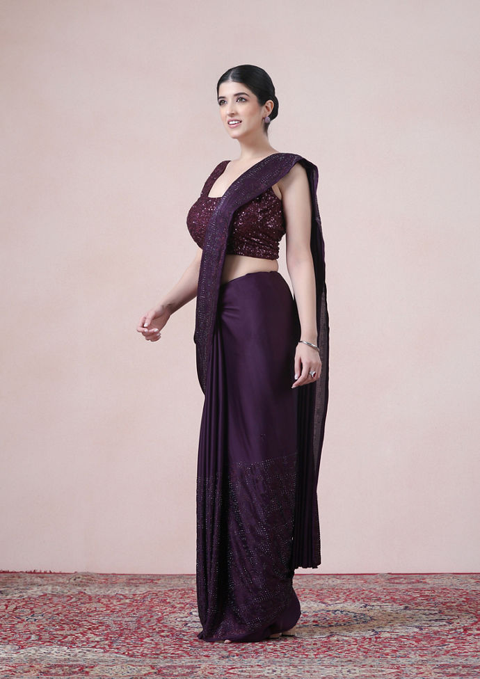 Twamev Women Dazzling Dark Purple Satin Saree