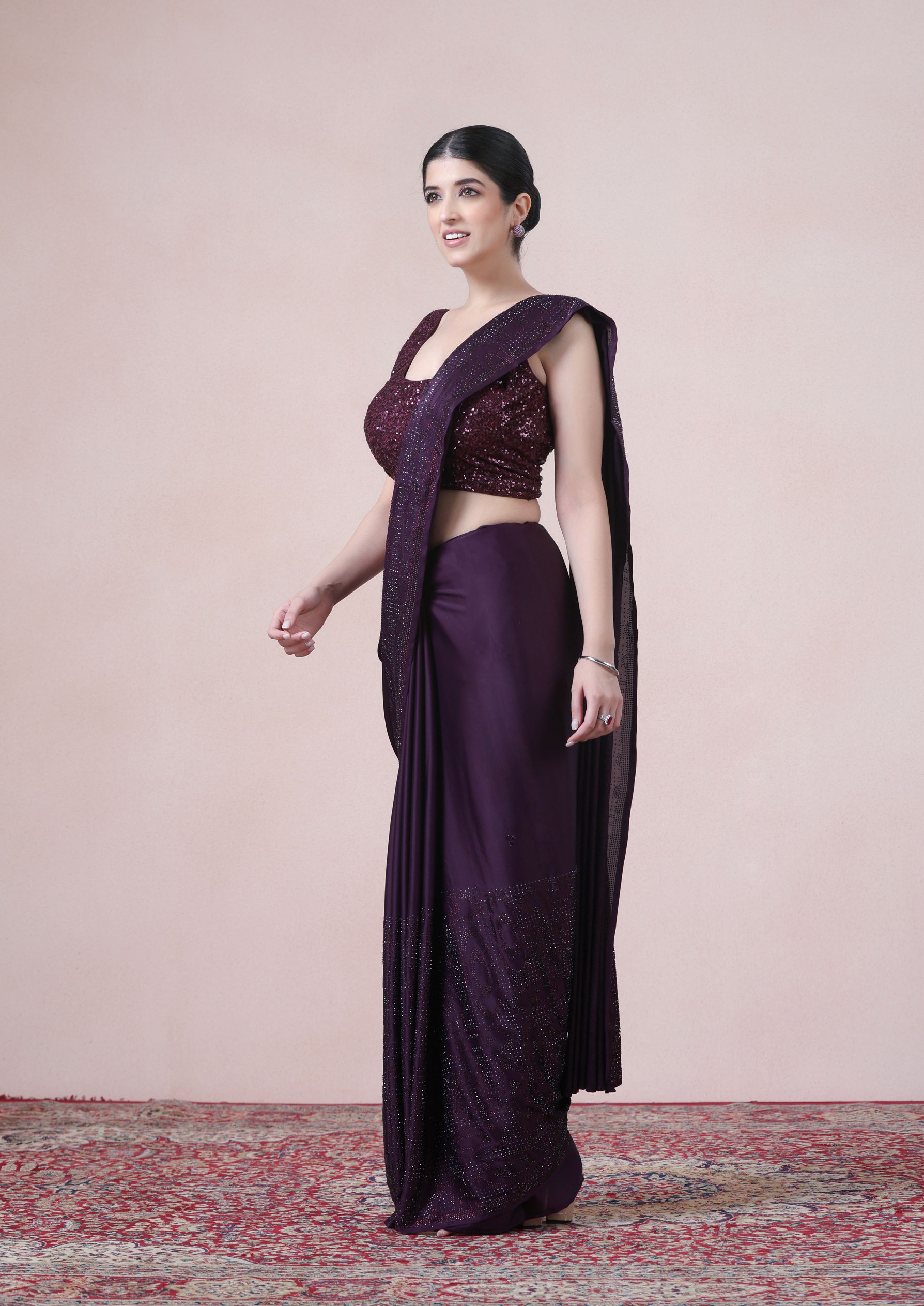 Twamev Women Dazzling Dark Purple Satin Saree image number 3