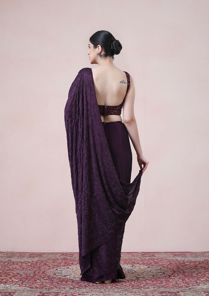 Twamev Women Dazzling Dark Purple Satin Saree