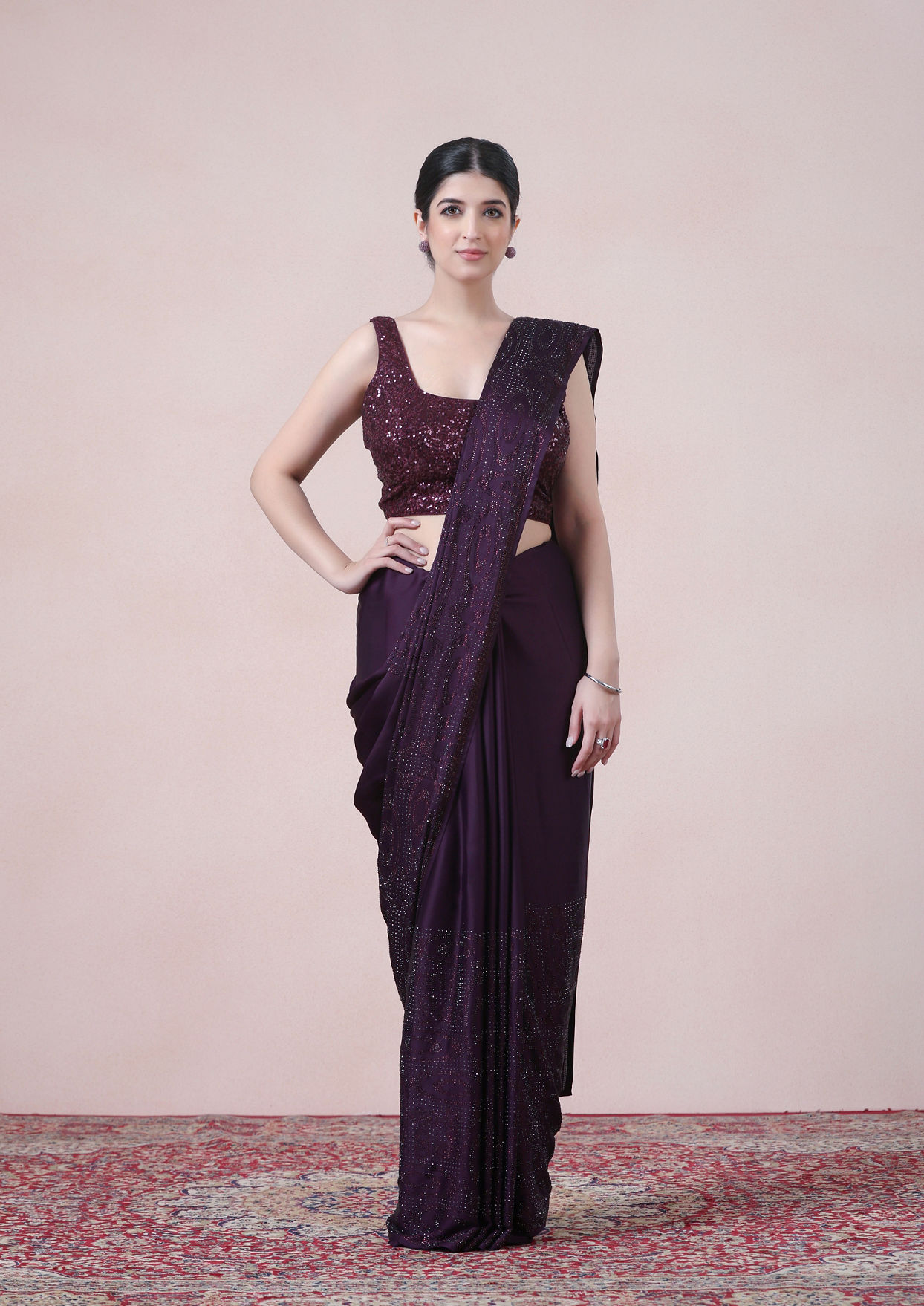 alt message - Twamev Women Dazzling Dark Purple Satin Saree image number 0