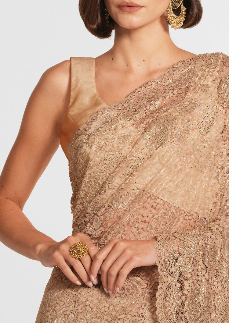 Twamev Women Beige Elegance Net Saree