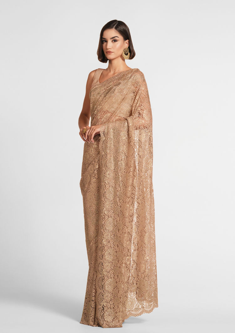 Twamev Women Beige Elegance Net Saree image number 3