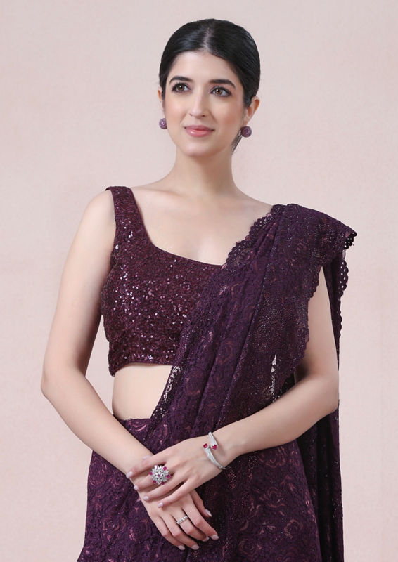 Twamev Women Designer Dark Purple Net Saree