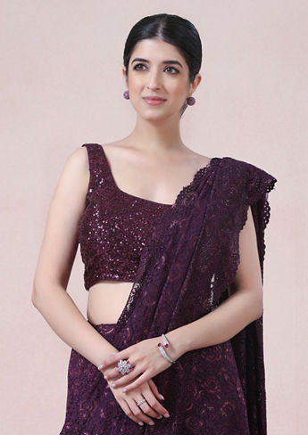 alt message - Twamev Women Designer Dark Purple Net Saree image number 1