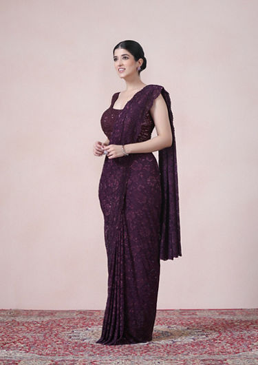 alt message - Twamev Women Designer Dark Purple Net Saree image number 3