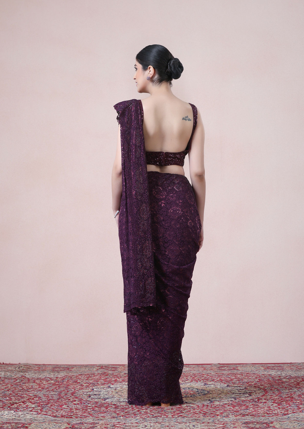 alt message - Twamev Women Designer Dark Purple Net Saree image number 2