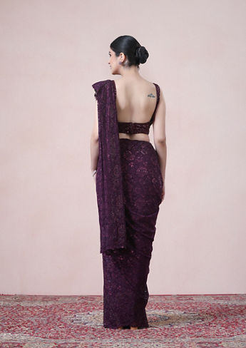 alt message - Twamev Women Designer Dark Purple Net Saree image number 2