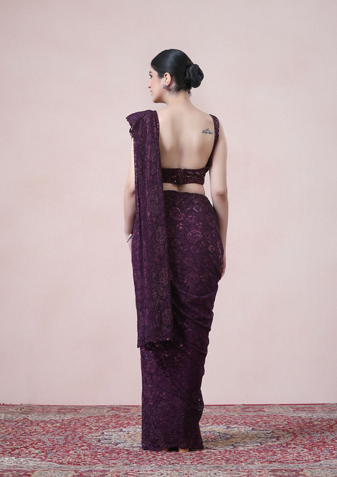 Twamev Women Designer Dark Purple Net Saree