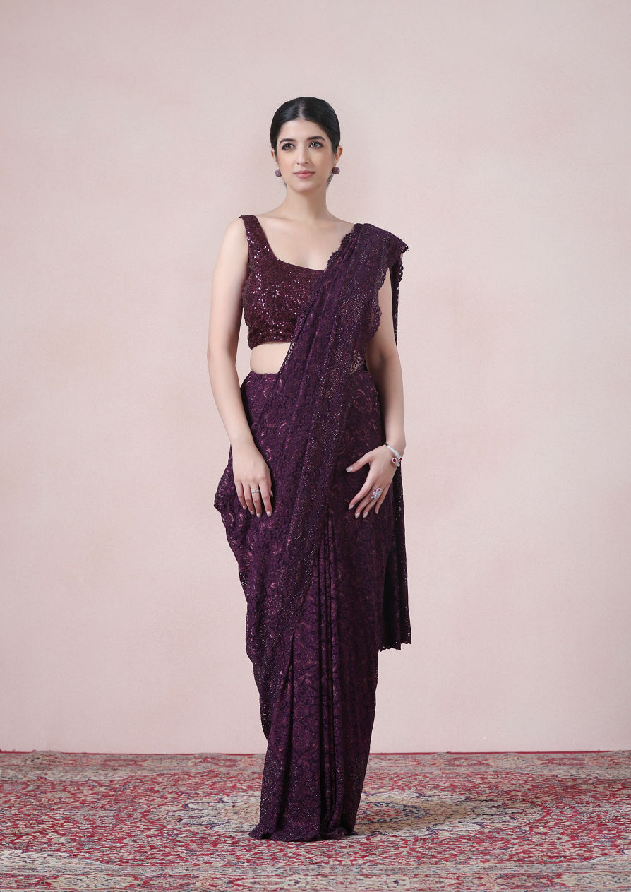 alt message - Twamev Women Designer Dark Purple Net Saree image number 0