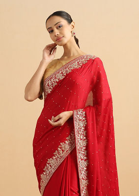 alt message - Twamev Women Timeless Red Bridal Saree image number 1