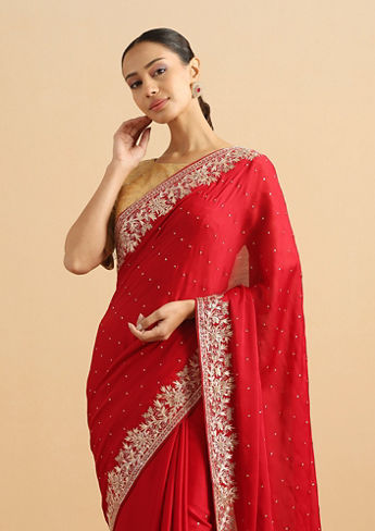 alt message - Twamev Women Timeless Red Bridal Saree image number 1