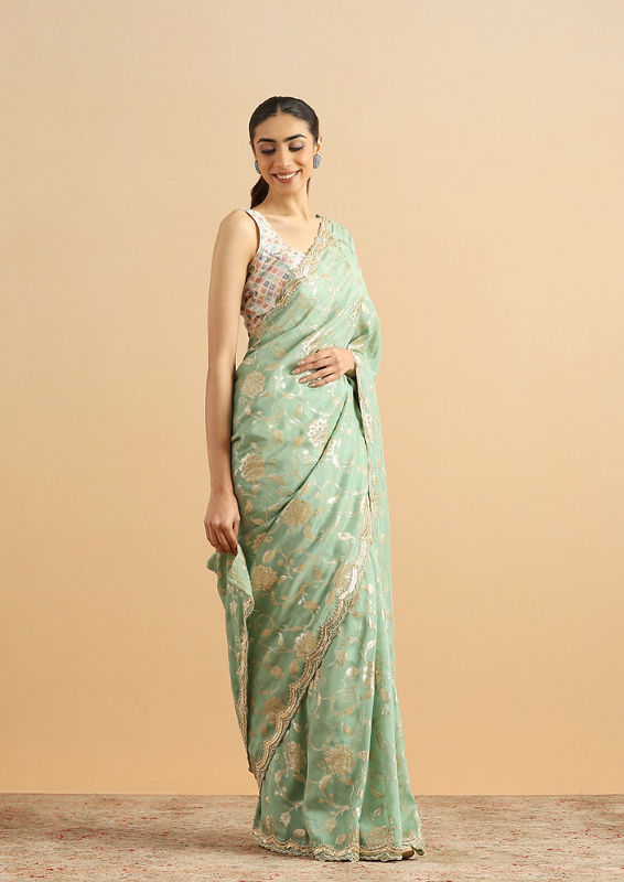 Twamev Women Whispering Pista Green Organza Saree