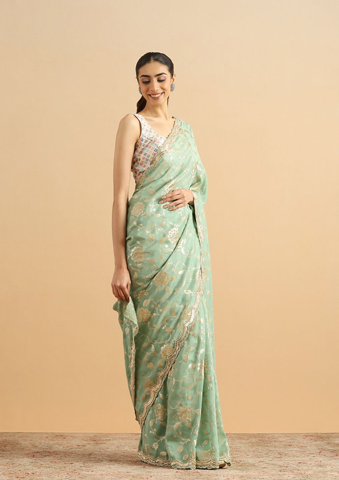 Twamev Women Whispering Pista Green Organza Saree