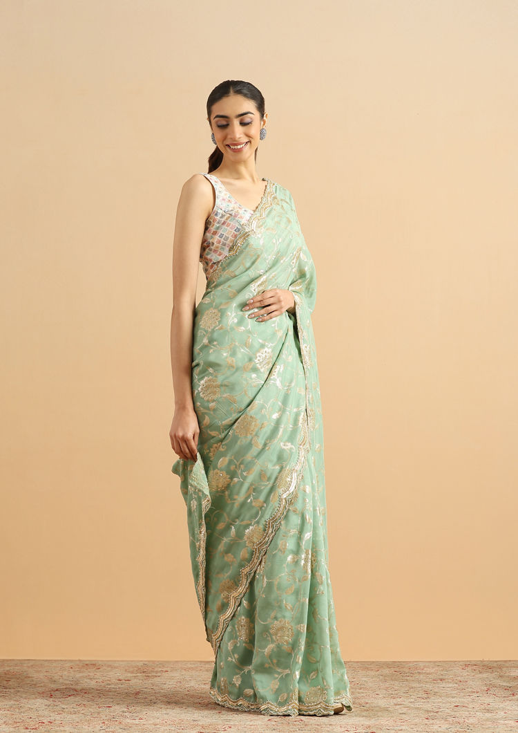 alt message - Twamev Women Whispering Pista Green Organza Saree image number 3