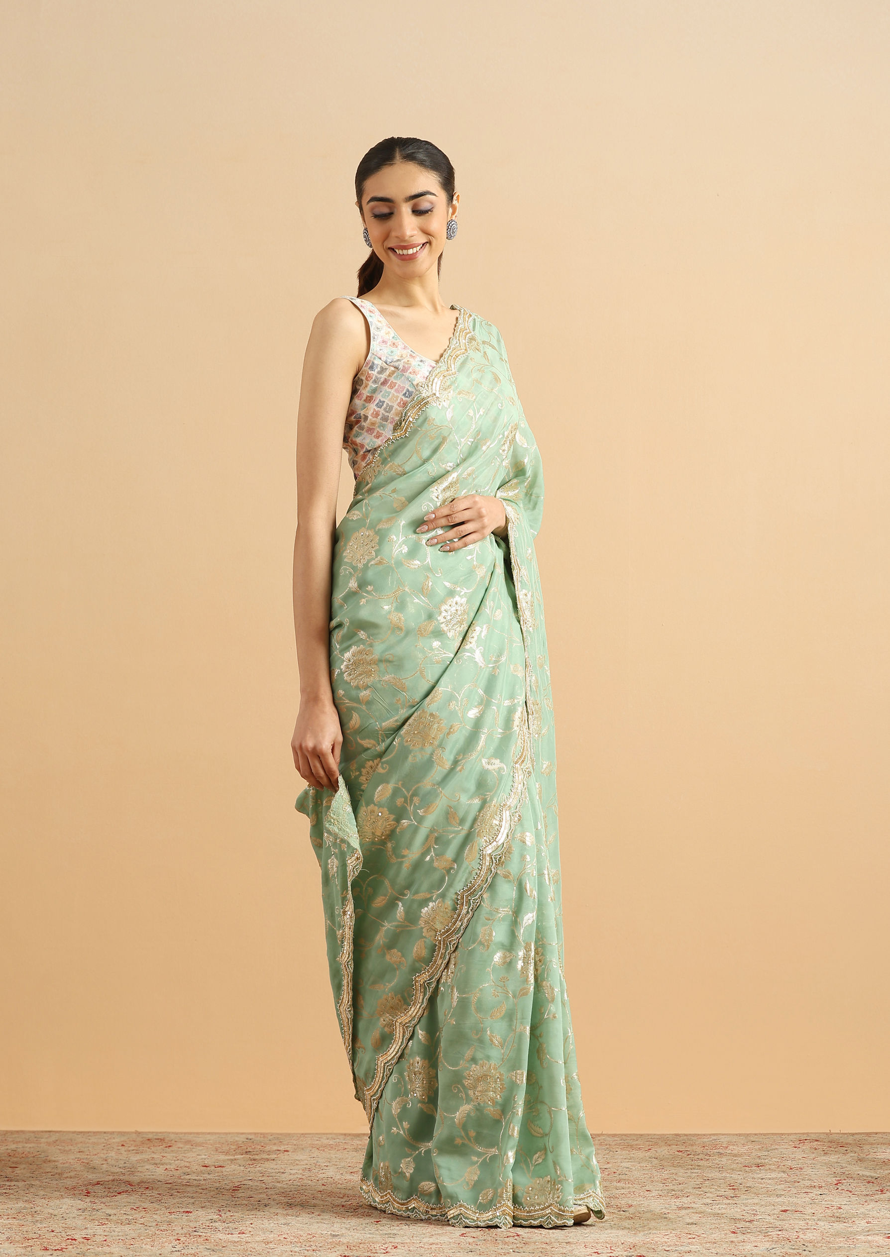 alt message - Twamev Women Whispering Pista Green Organza Saree image number 3