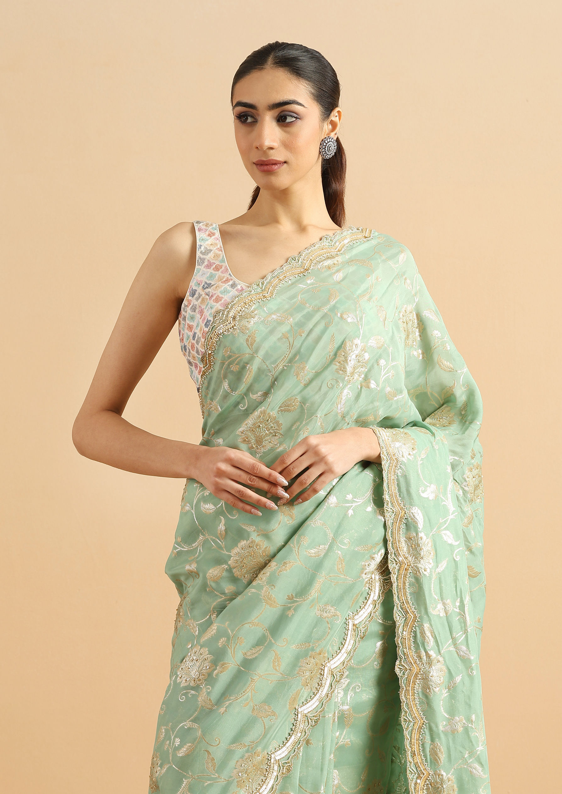 Twamev Women Whispering Pista Green Organza Saree