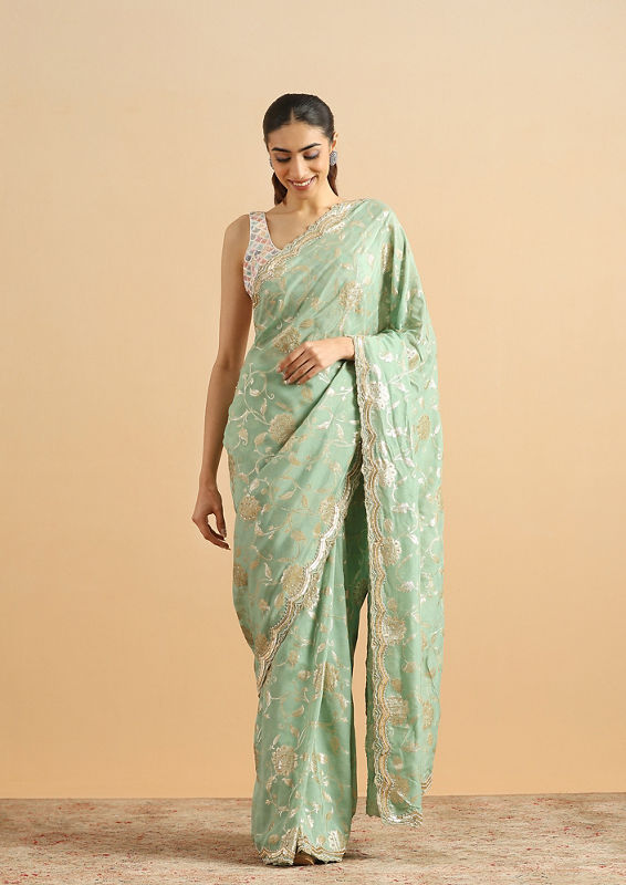 Twamev Women Whispering Pista Green Organza Saree