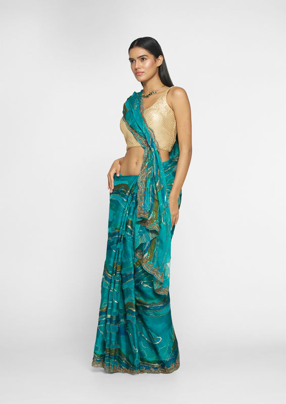 Twamev Women Ravishing Rama Green Saree image number 2