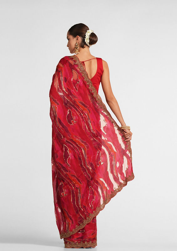 Twamev Women Fiery Red Organza Saree