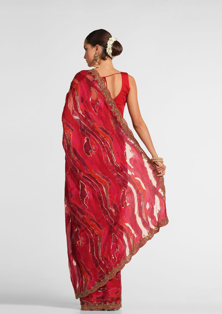 Twamev Women Fiery Red Organza Saree