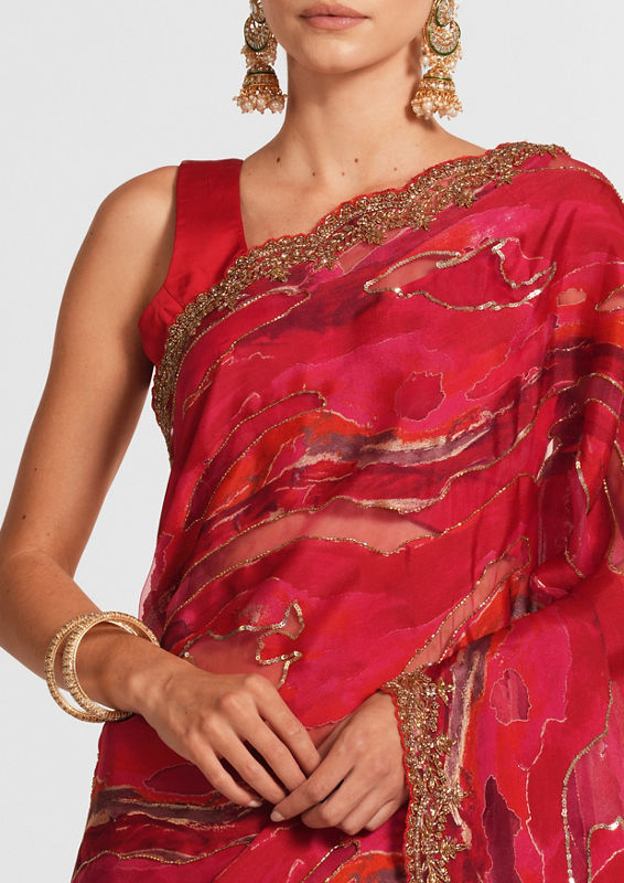 Twamev Women Fiery Red Organza Saree image number 1