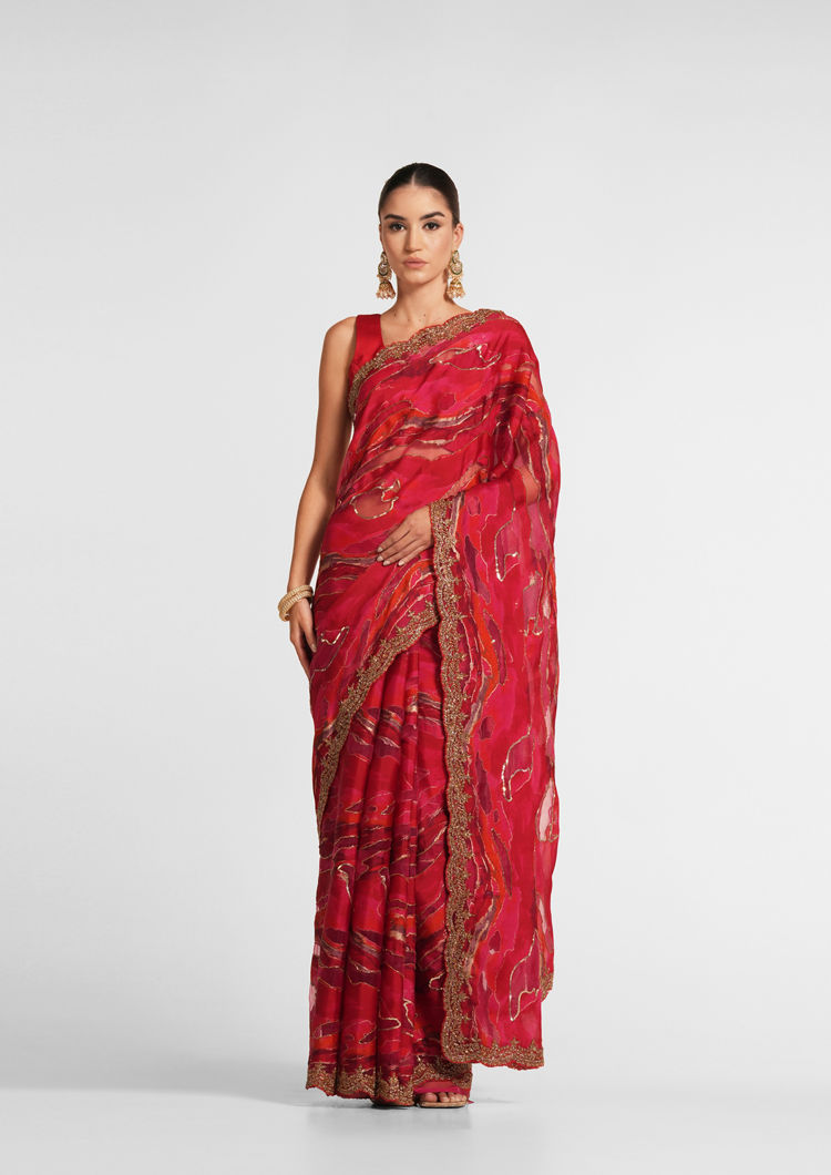 Twamev Women Fiery Red Organza Saree image number 0