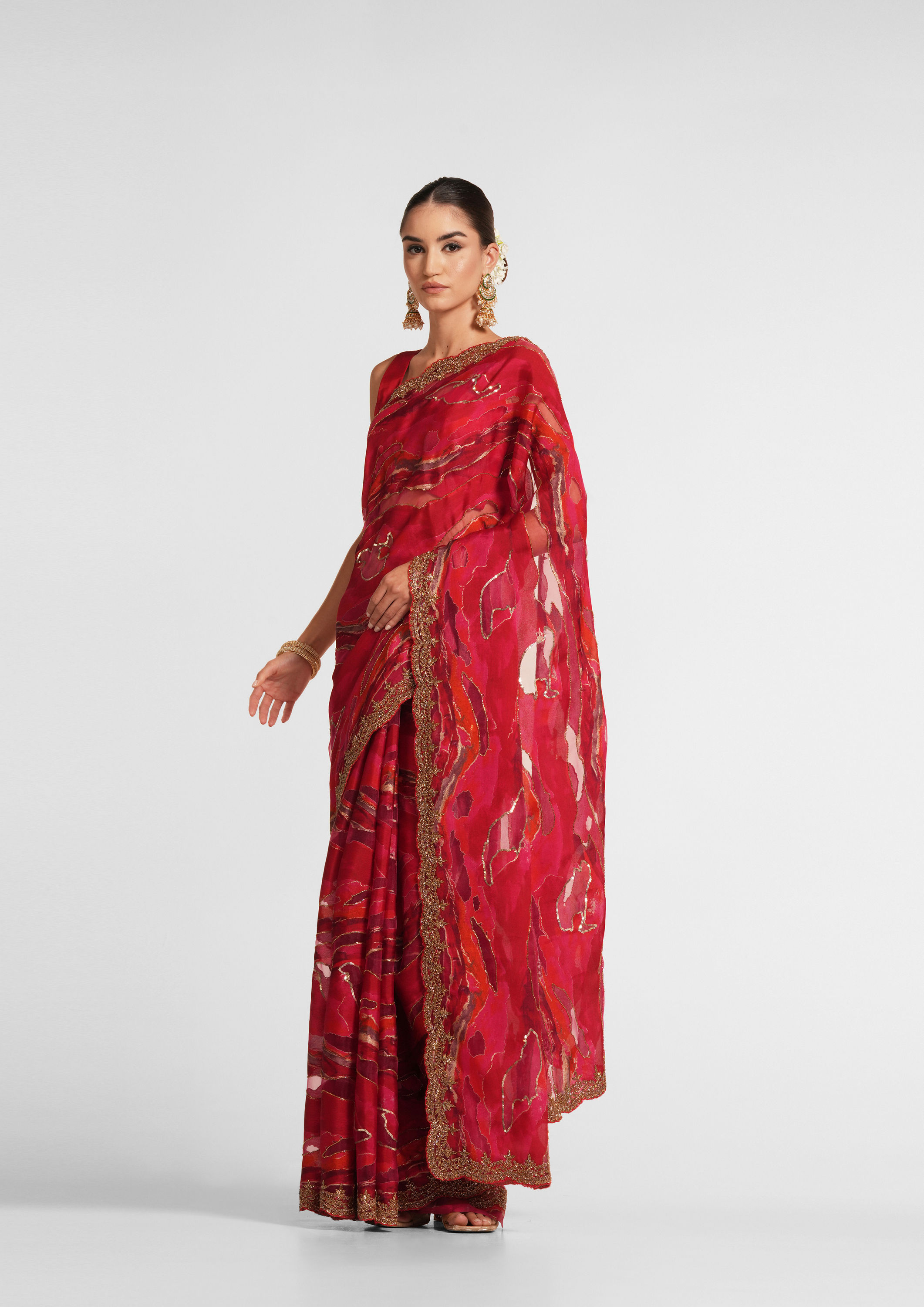 Twamev Women Fiery Red Organza Saree image number 3