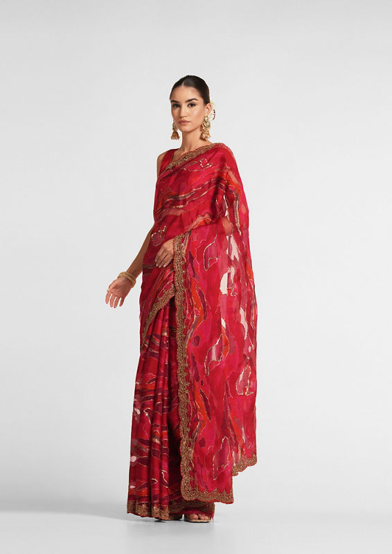 Twamev Women Fiery Red Organza Saree