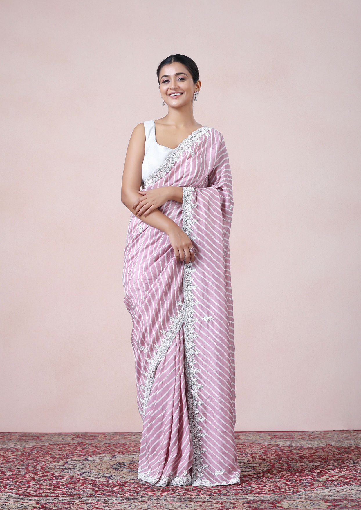 alt message - Twamev Women Dusty Pink Leheriya Inspired Saree image number 0