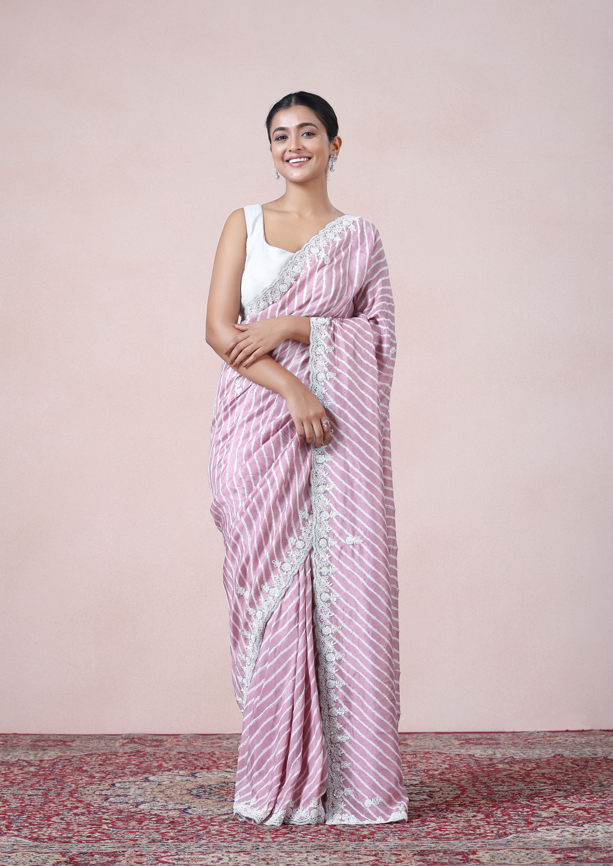 Twamev Women Dusty Pink Leheriya Inspired Saree image number 0