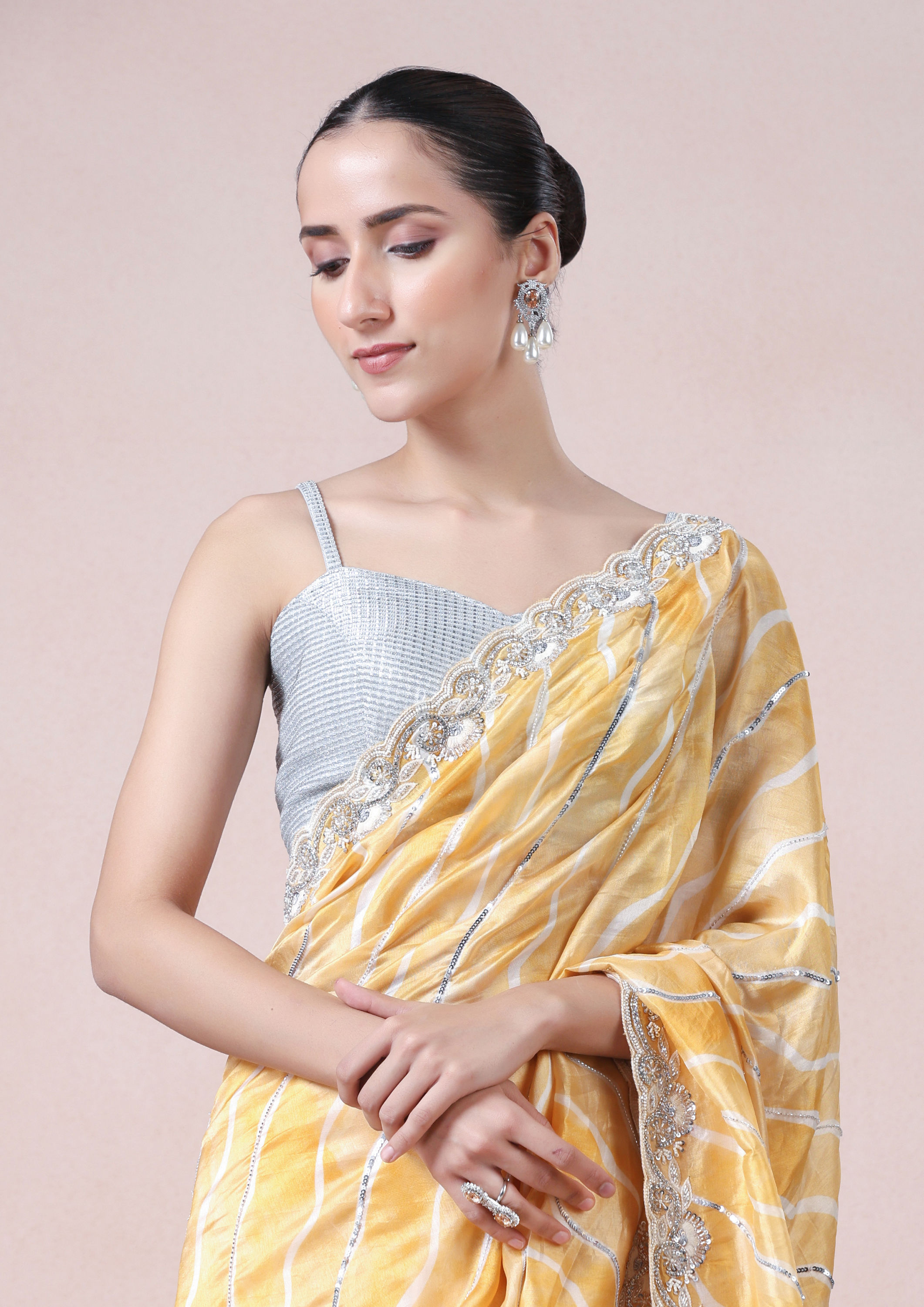 Twamev Women Modern Yellow Leheriya Inspired Saree image number 1