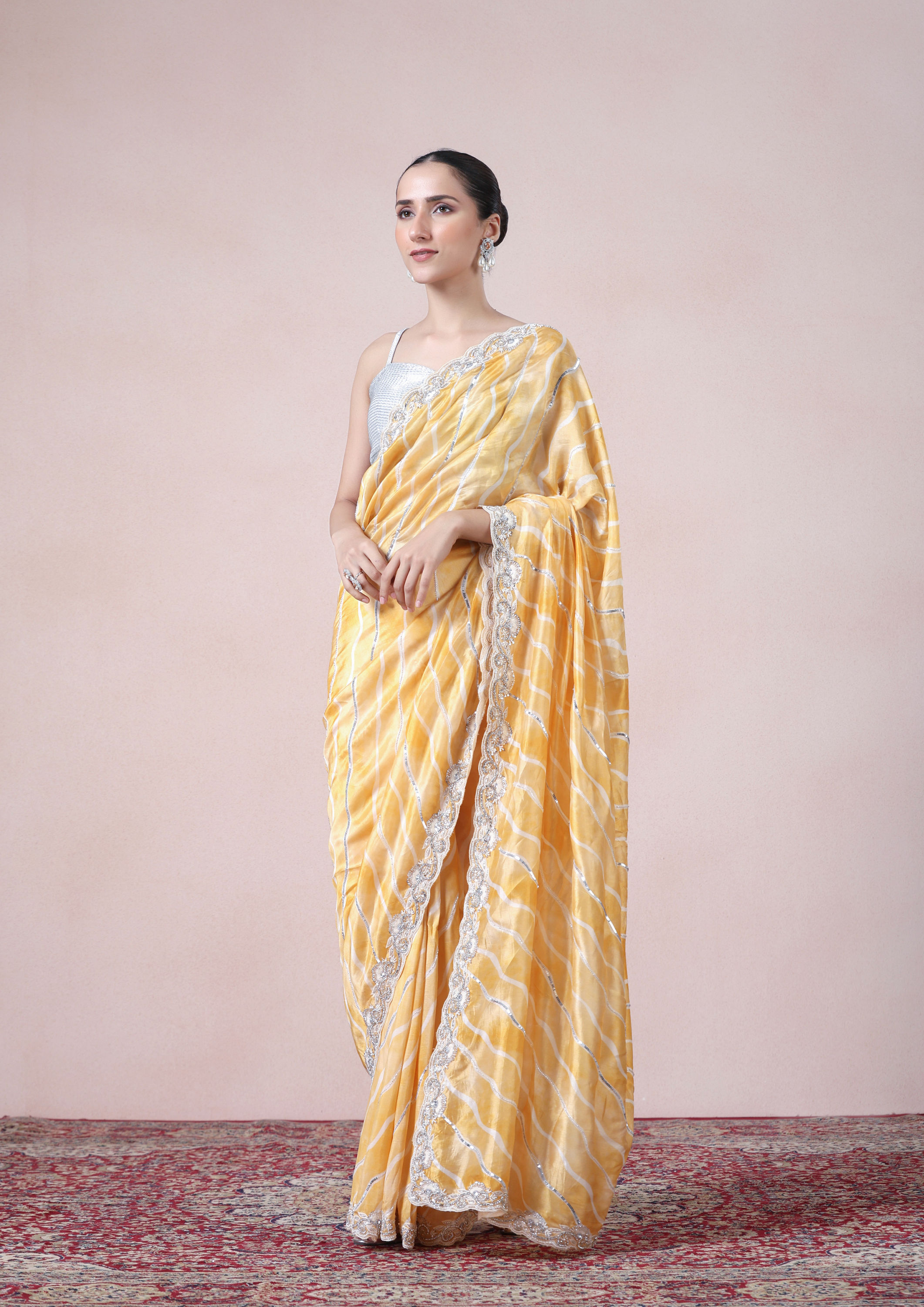 Twamev Women Modern Yellow Leheriya Inspired Saree image number 3