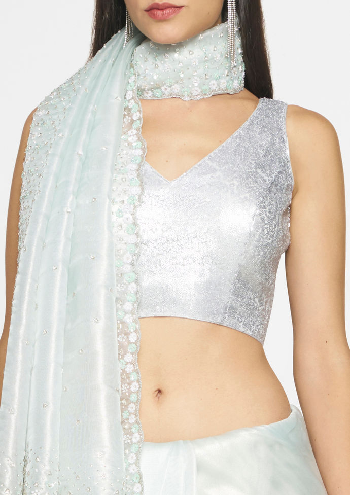 Twamev Women Ethereal Light Blue Organza Saree