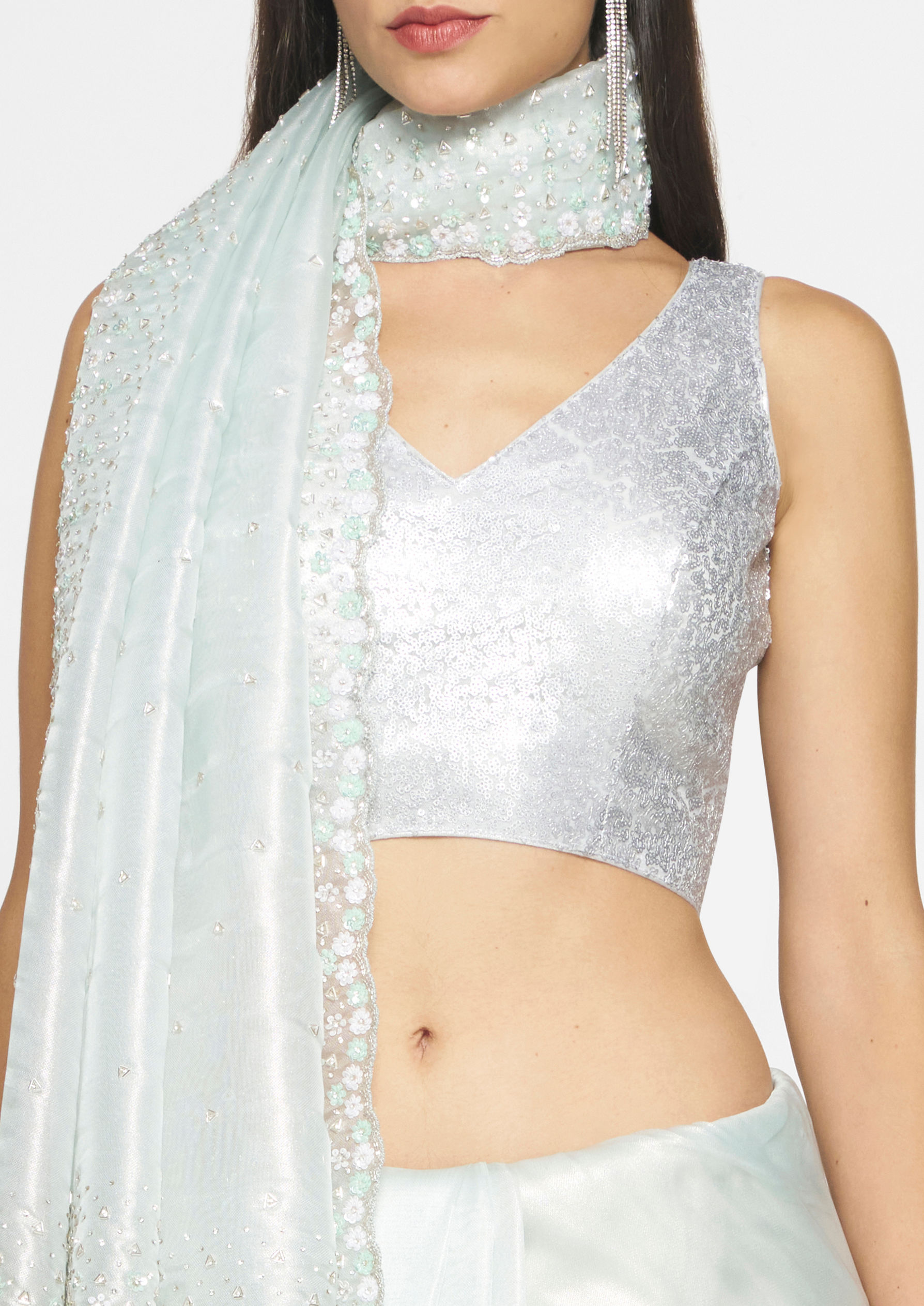 Twamev Women Ethereal Light Blue Organza Saree