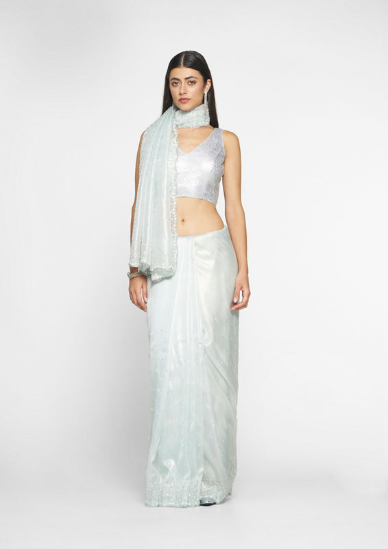Twamev Women Ethereal Light Blue Organza Saree