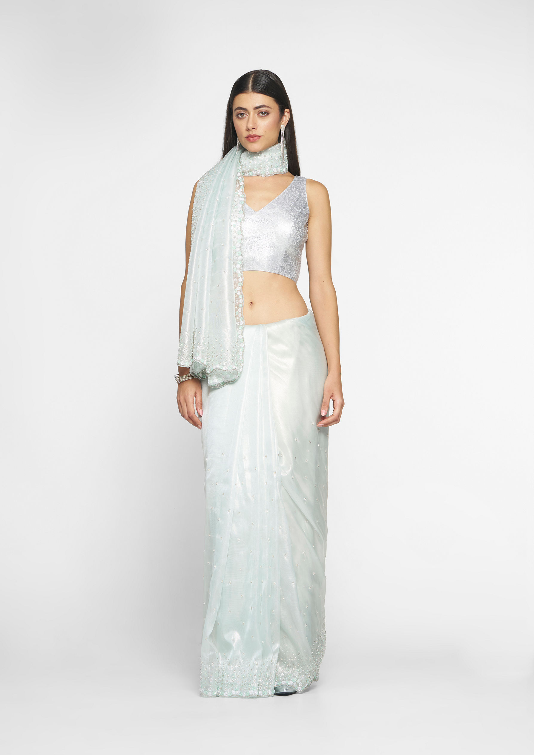 Twamev Women Ethereal Light Blue Organza Saree