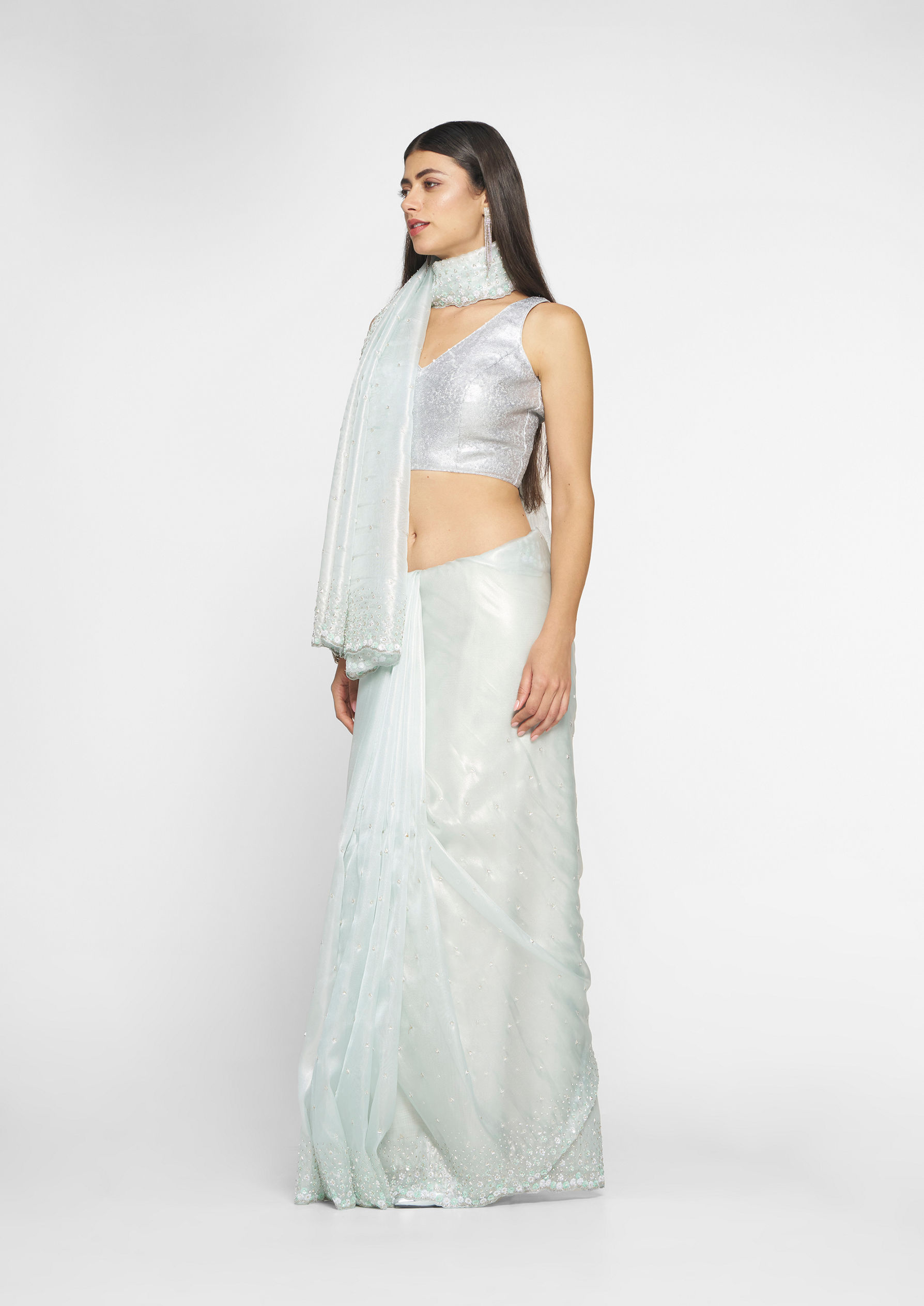 Twamev Women Ethereal Light Blue Organza Saree