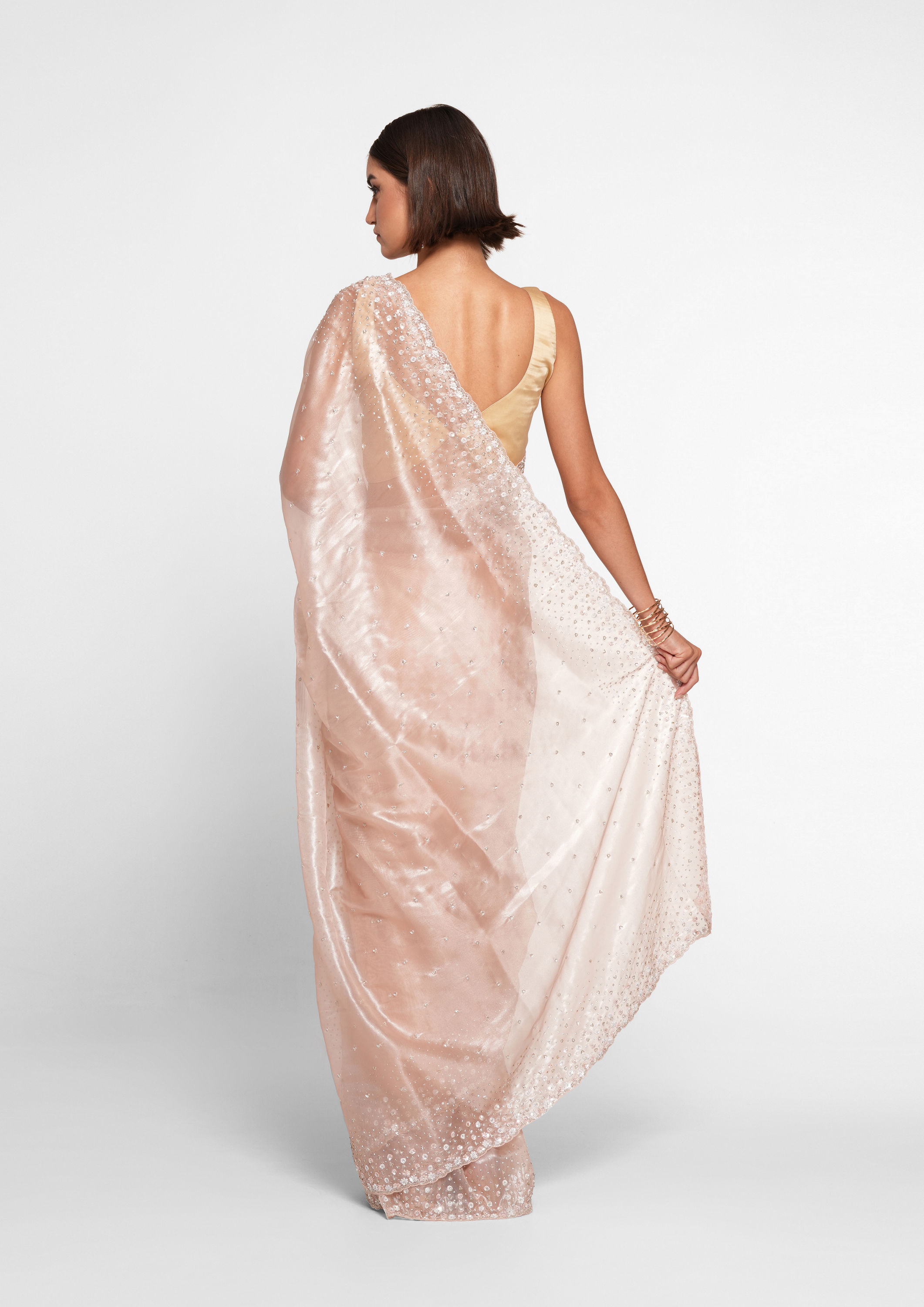 Twamev Women Twinkling Pink Hand Embroidery Saree