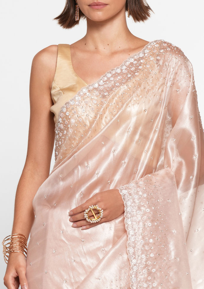 Twamev Women Twinkling Pink Hand Embroidery Saree